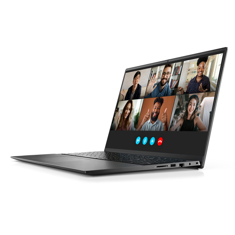 Image d’un ordinateur portable Dell Vostro 16 5625 ouvert positionné en diagonale avec six personnes partageant leurs images à l’écran.