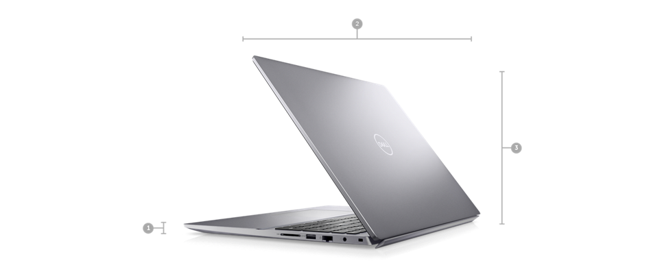 Dell Vostro 16 5630 laptop with numbers from 1 to 3 signaling product dimensions & weight.