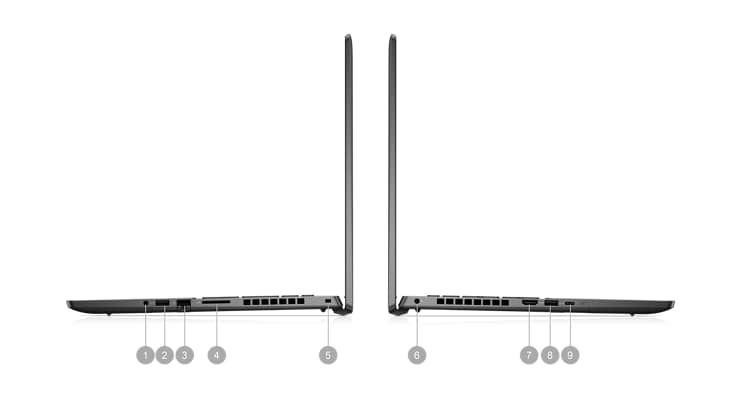 Bild von zwei seitlich platzierten Laptops vom Typ Dell Vostro 16 7620, wobei die Zahlen von 1 bis 9 die Produktanschlüsse angeben.