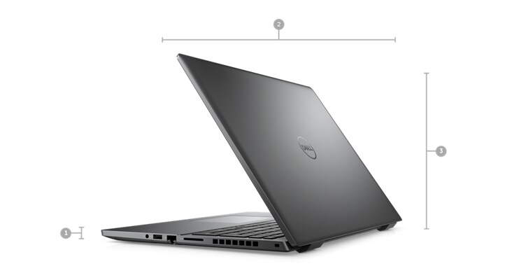 Zdjęcie notebooka Dell Vostro 7620 ustawionego tyłem z cyframi 1–3 oznaczającymi wymiary i wagę produktu.