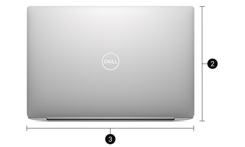 Dell XPS 13 9340 con los números 2 y 3 que muestran las dimensiones y el peso del producto.
