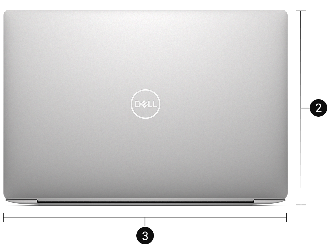 Dell XPS 13 9340 with numbers 2 and 3 showing the product dimensions and weight. 