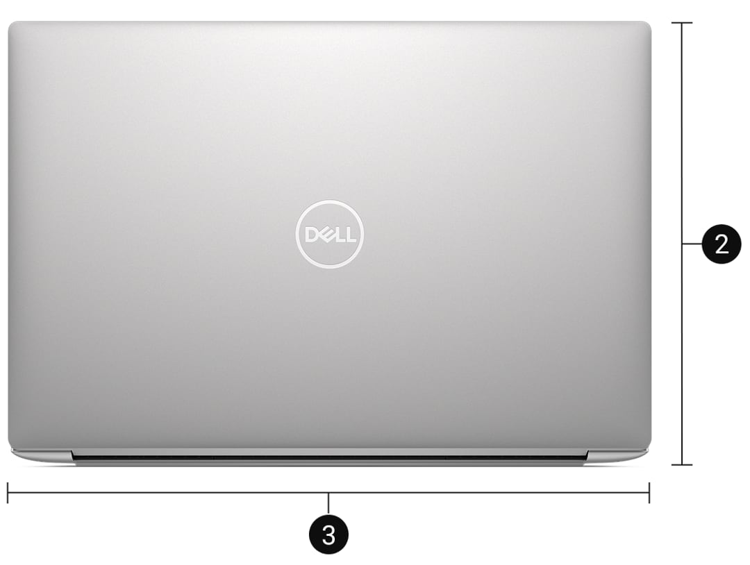 Dell XPS 14 9440 with numbers 2 and 3 showing the product dimensions and weight. 