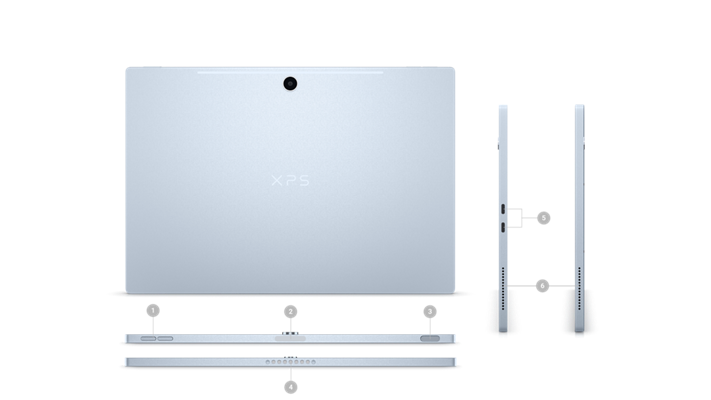 Photo d’une tablette Dell XPS 13 9315 2-en-1 avec des numéros allant de 1 à 6, indiquant les dimensions et le poids du produit.
