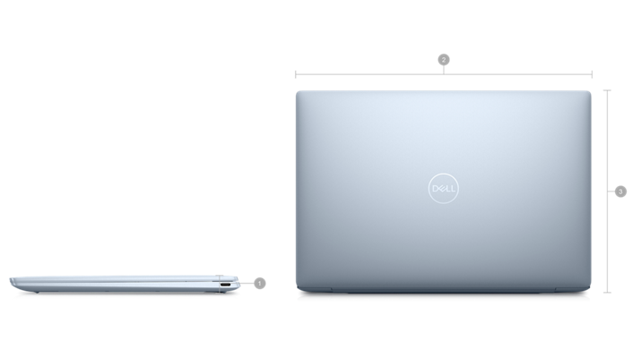 Zdjęcie notebooków Dell XPS 13 9315 z cyframi 1–3 oznaczającymi wymiary i wagę produktu.
