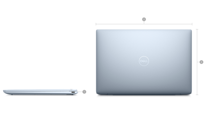 Picture of Dell XPS 13 9315 laptops with numbers from 1 to 3 signaling product dimensions & weight.