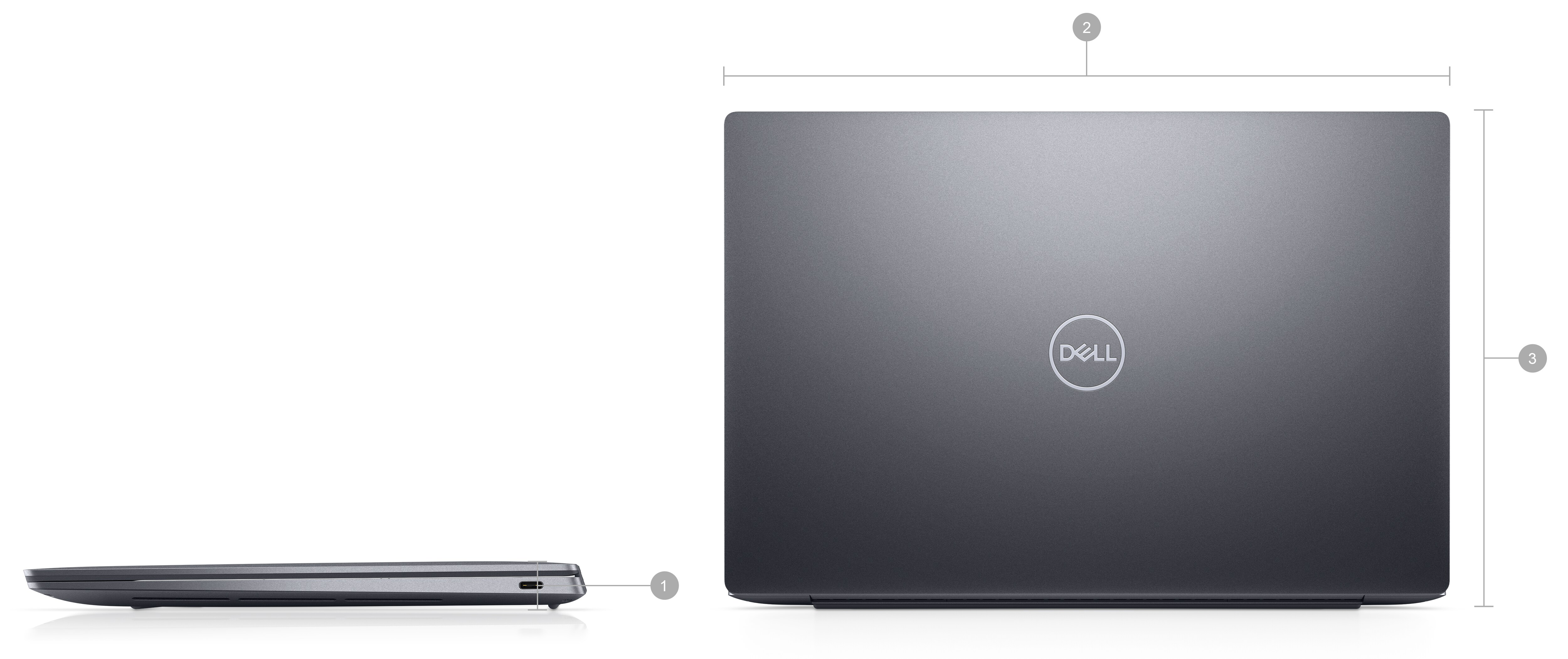 Imagem de notebooks Dell XPS 13 9320 com os números de 1 a 3 indicando as dimensões e o peso do produto.