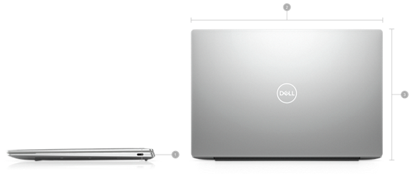 Bild von Dell XPS 13 9320-Laptops mit Zahlen von 1 bis 3 zur Kennzeichnung der Produktabmessungen und des Gewichts.