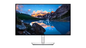 Obrázok 27-palcového monitora Dell UltraSharp U2722DE s rozbočovačom USB-C s prírodnou krajinkou na pozadí.