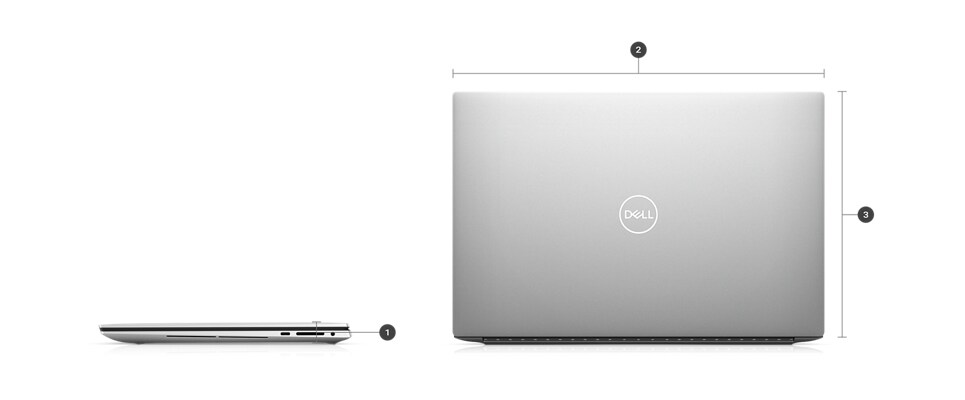 Notebook gamingowy Dell XPS 15 9530 z numerami od 1 do 3 wskazującymi na wymiary i wagę produktu.