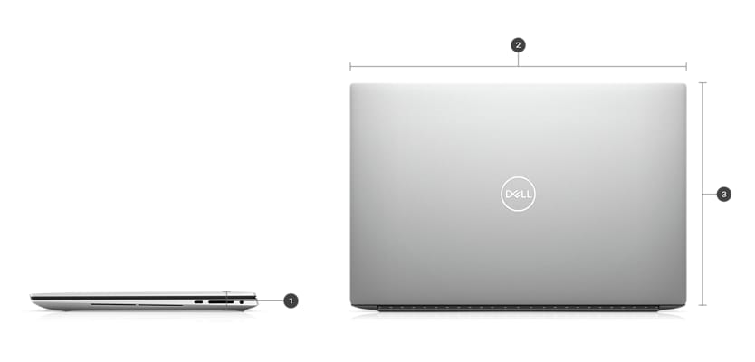 Computador Portátil Dell XPS 15 9530 com números de 1 a 3 a assinalar as dimensões e o peso do produto.