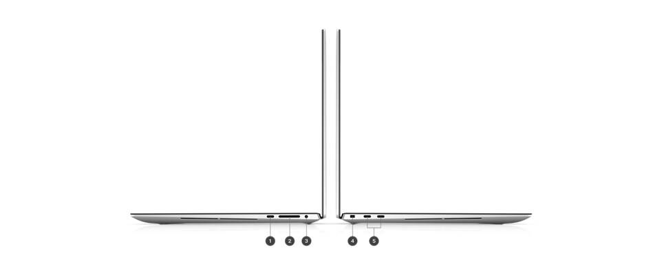 Notebook Dell XPS 15 9530 z numerami od 1 do 5 wskazującymi porty i gniazda produktu.