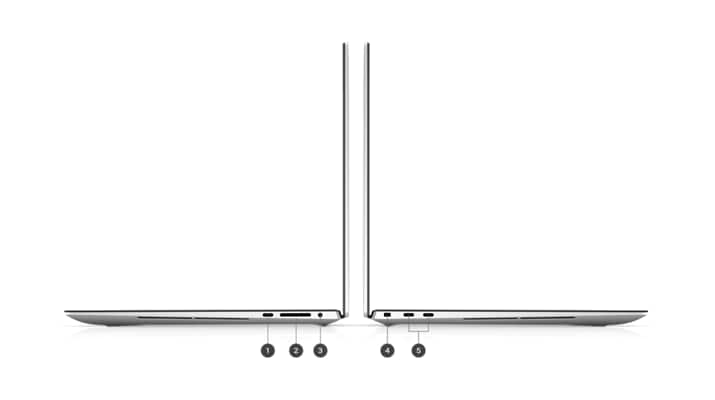 Computador Portátil Dell XPS 15 9530 com números de 1 a 5 a assinalar as portas e ranhuras do produto.
