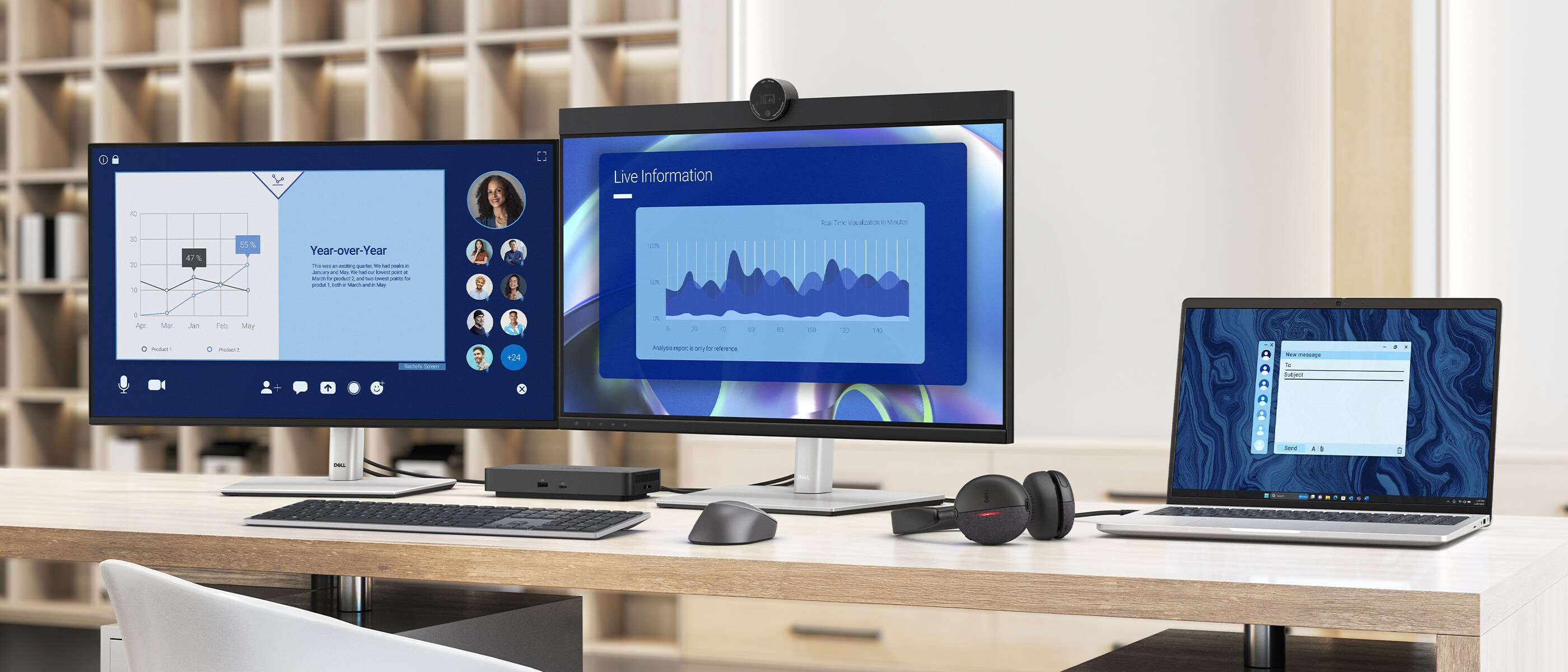 Two monitors and a laptop connected together via the Dell Pro Smart Dock.