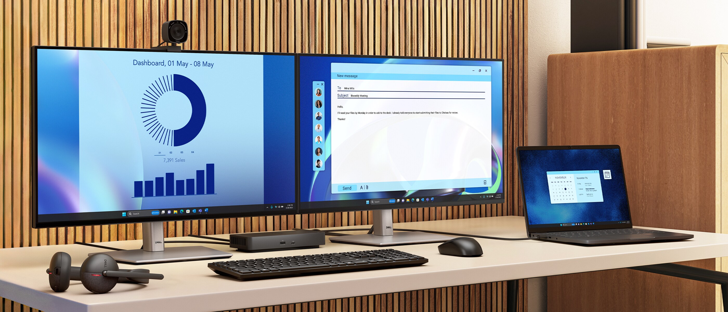 The Dell Pro Dock connecting to duo monitor and a laptop together.