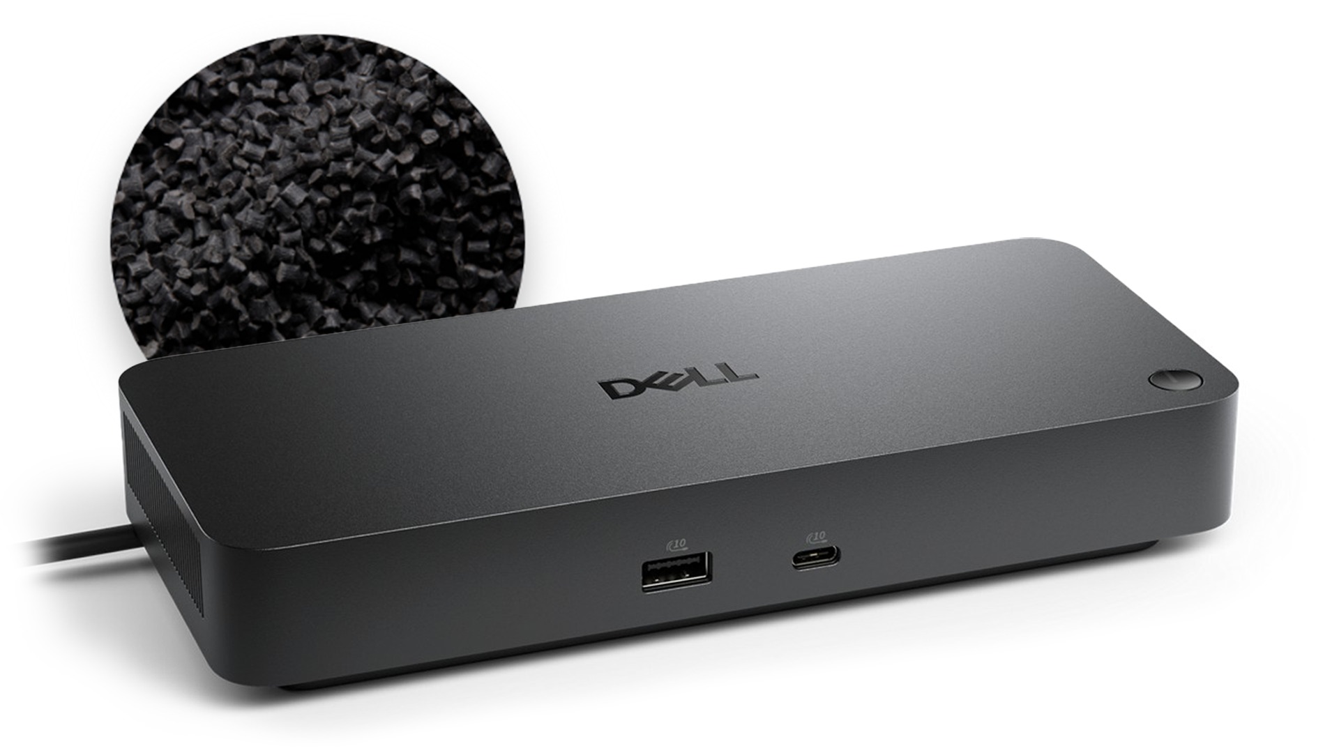 Arkasında geri dönüştürülmüş plastik bulunan bir görselle Dell Pro Dock.