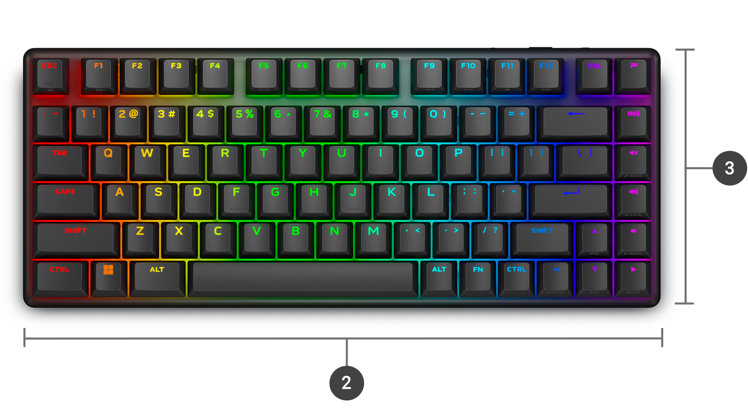 Le clavier de jeu sans fil Alienware Pro de Dell avec les numéros 2 et 3 qui indiquent les dimensions et le poids du produit.