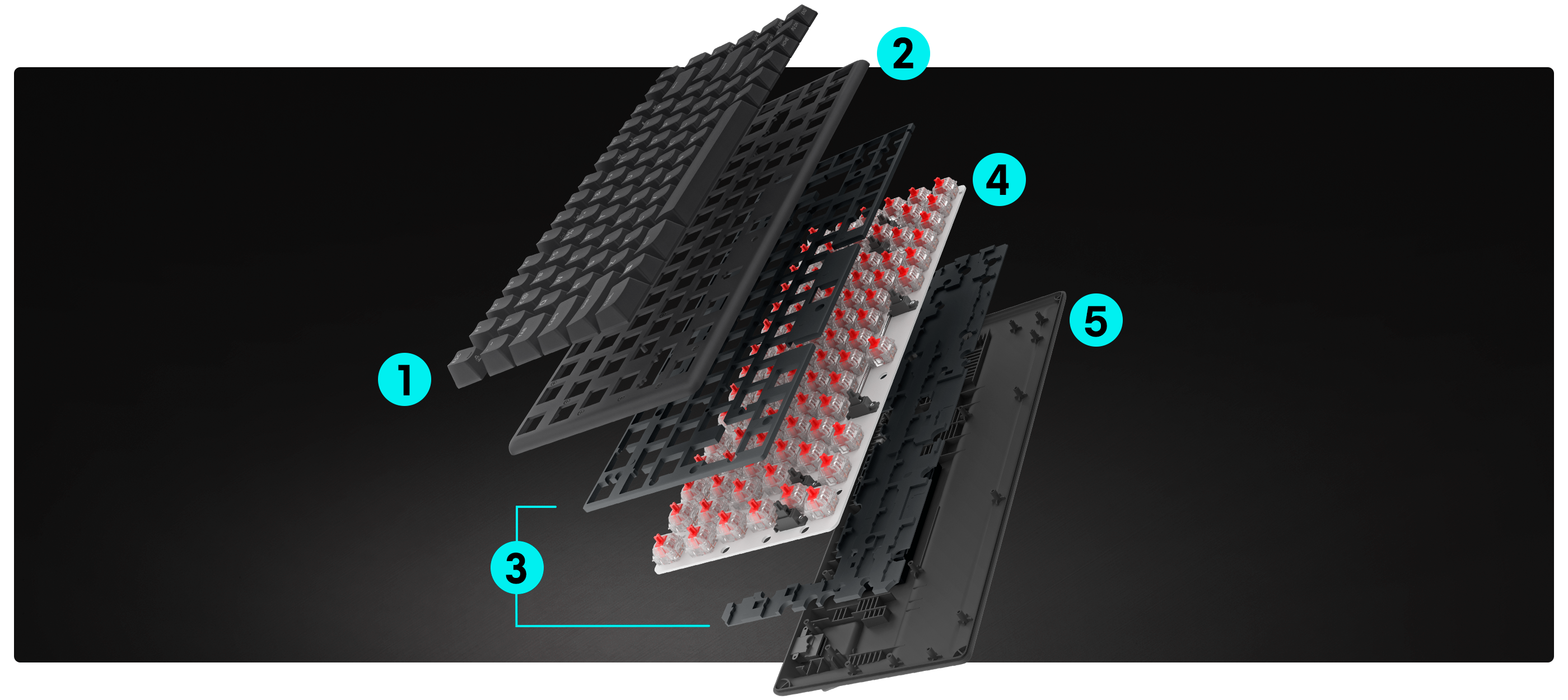 Tastiera senza fili per il gaming Dell Alienware Pro smontata.