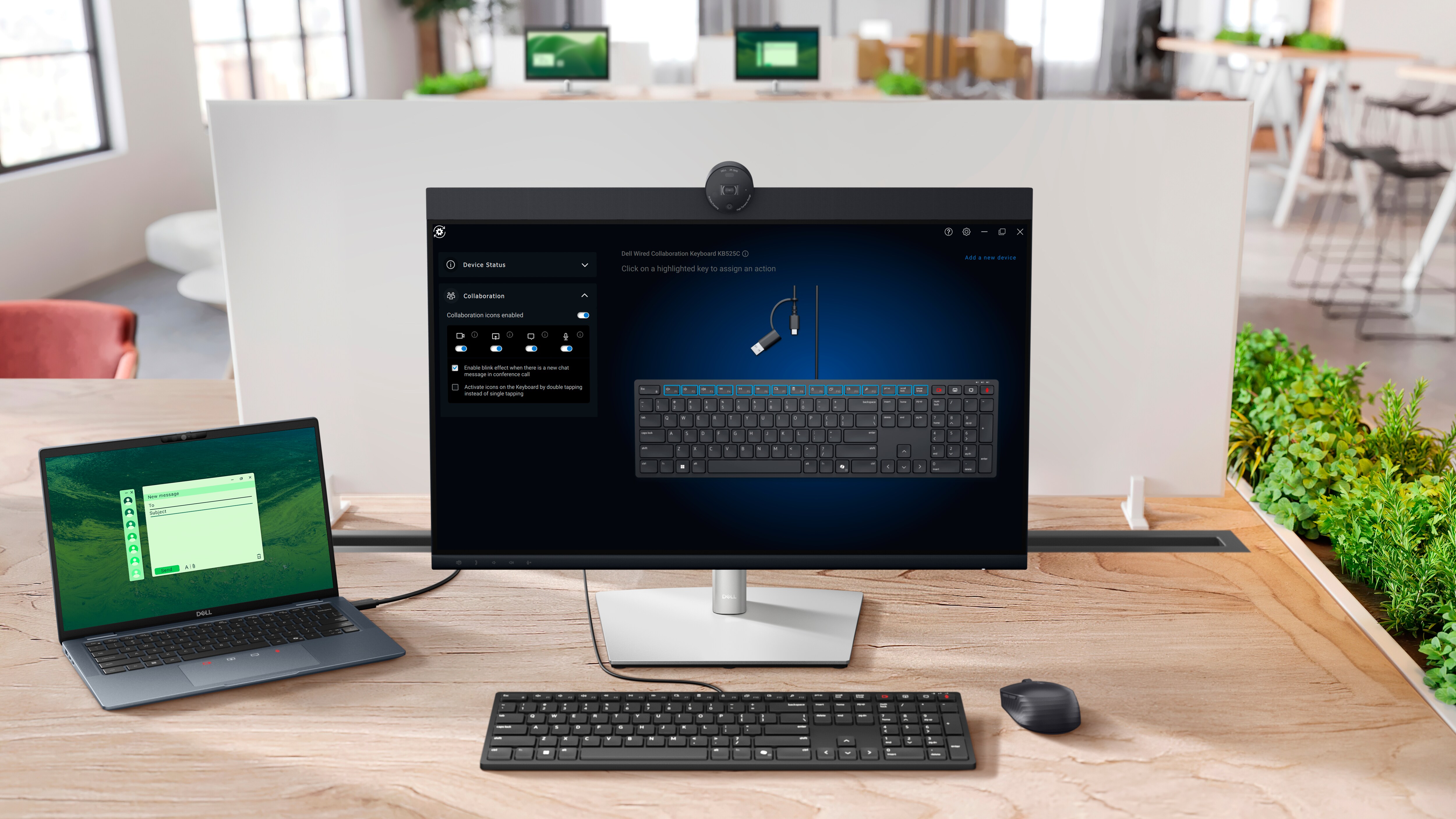 Immagine dell'ecosistema di un ufficio. Un notebook è collegato al monitor. La tastiera cablata per la collaborazione Dell è collegata al monitor. La schermata del monitor mostra la finestra delle impostazioni di Dell Peripheral Manager.