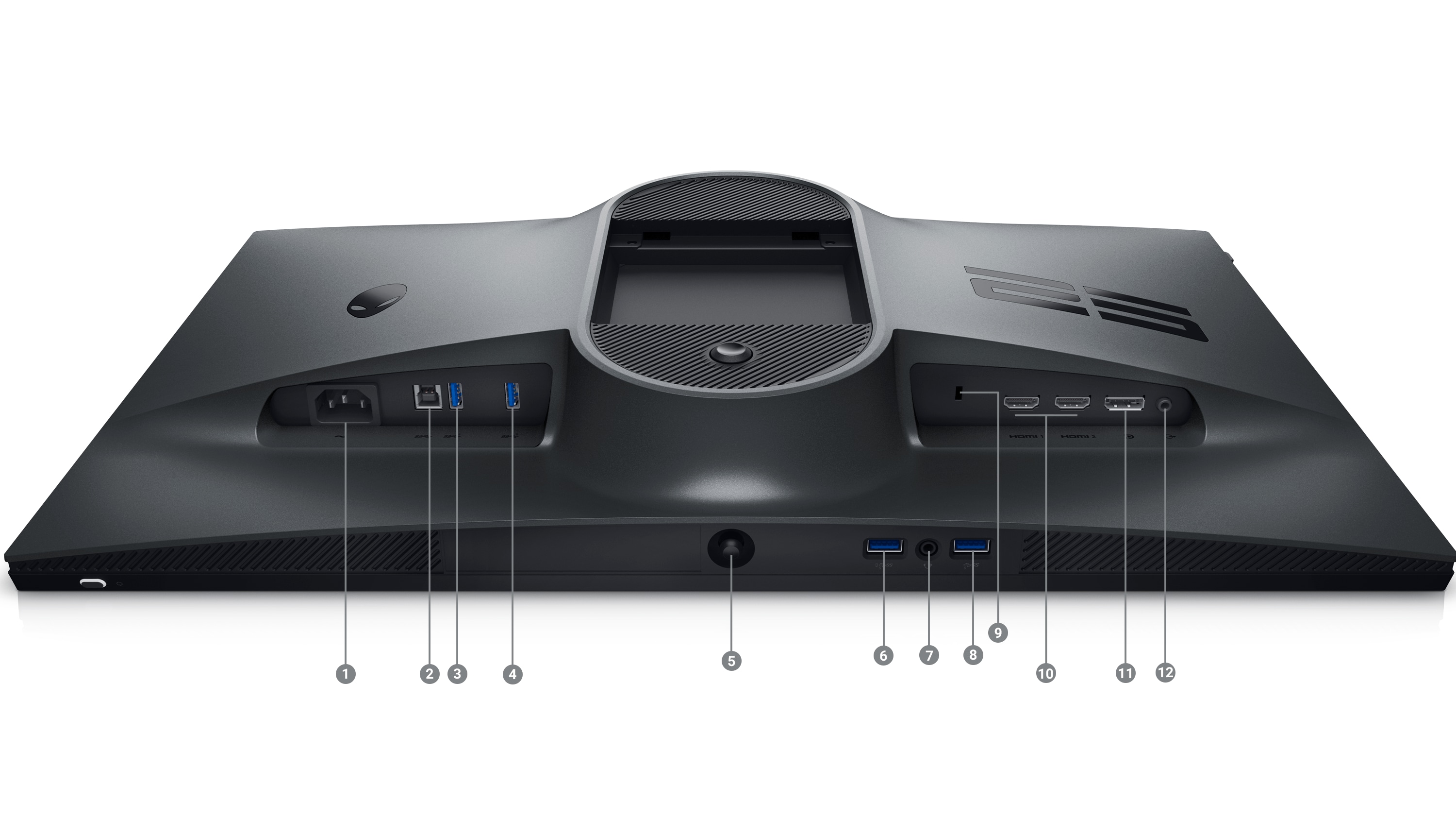 Picture of a AW2523HF Gaming Monitor with the screen down and numbers from 1 to 12 showing the ports below the product.