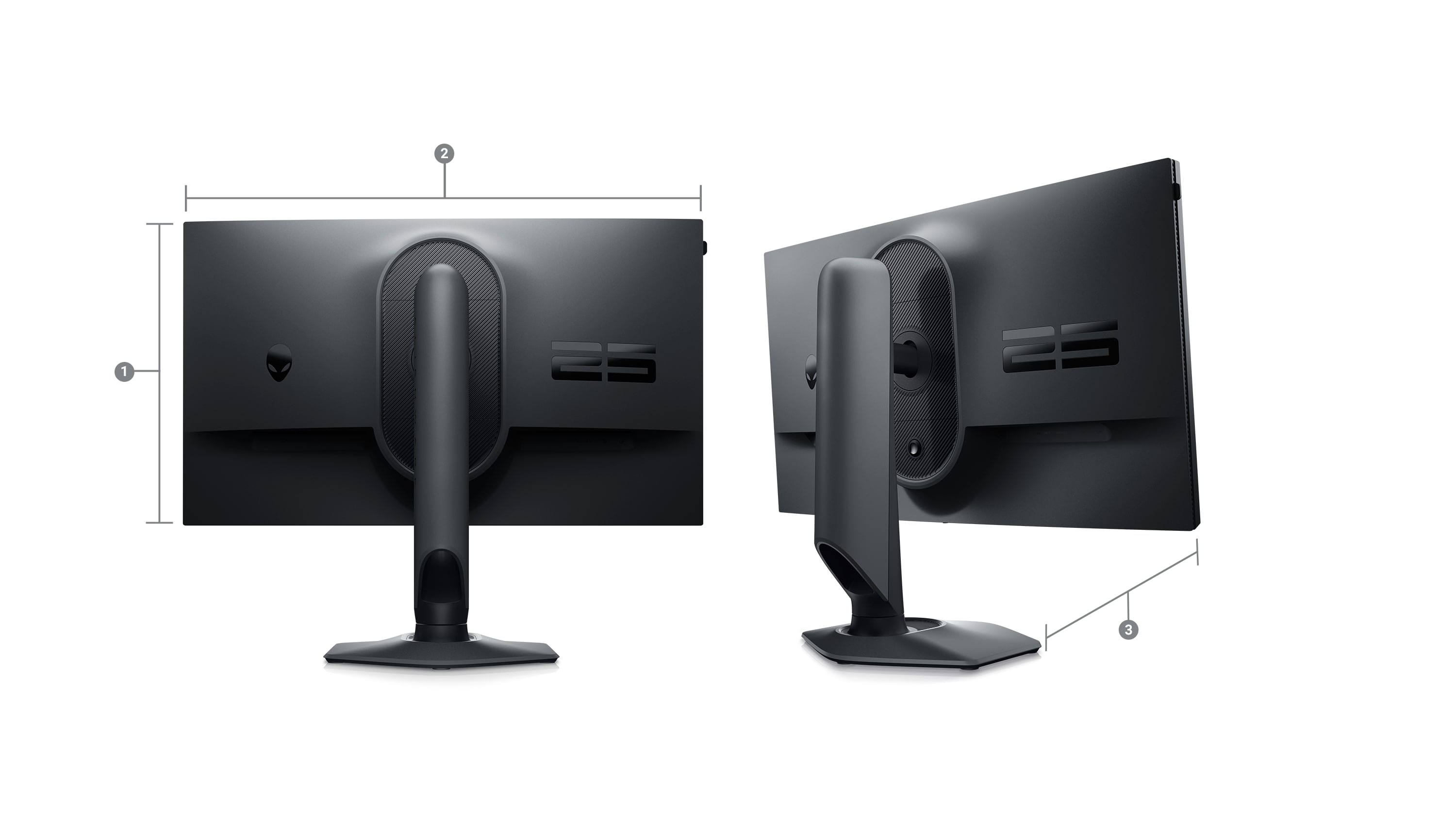 Obraz dwóch monitorów do gier Dell AW2523HF z liczbami od 1 do 3 sygnalizujących wymiary i wagę produktu.