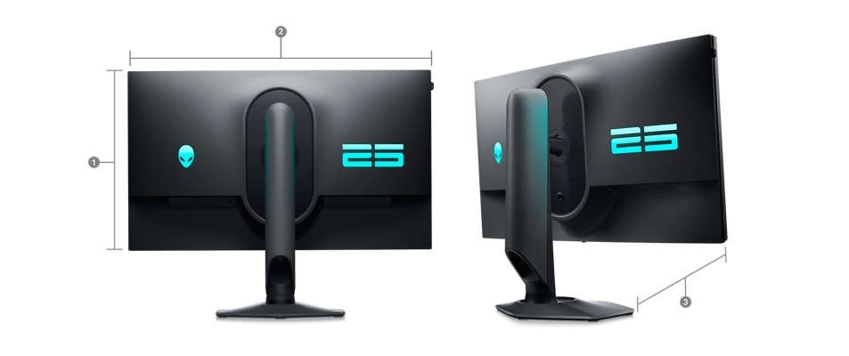 Dell Alienware AW2524H Gaming Monitor with numbers from 1 to 3 showing the product dimensions and weight.