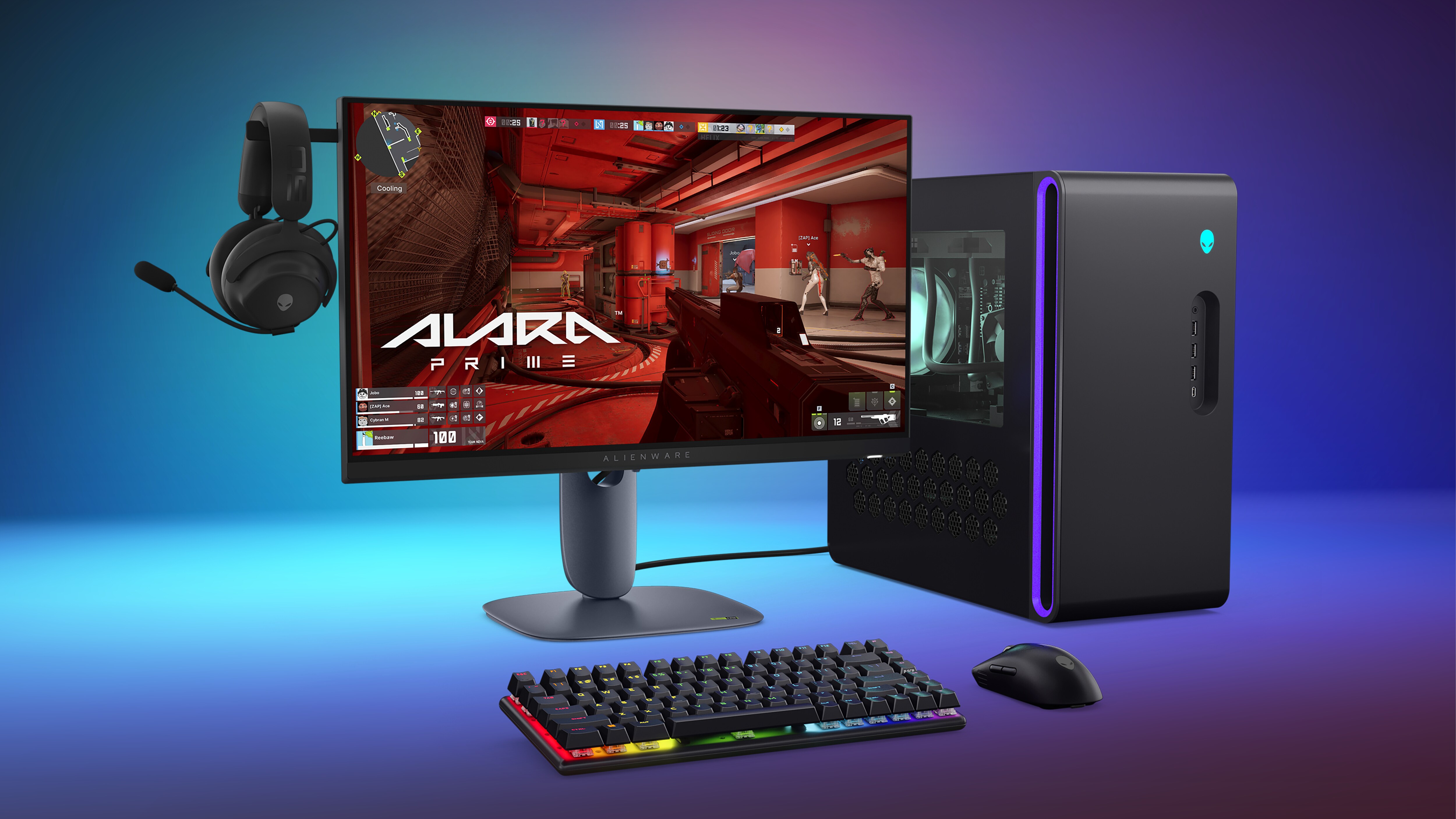 Alienware 25 320Hz Gaming Monitor with a desktop setup and headphones hanging on the retractable hanger.