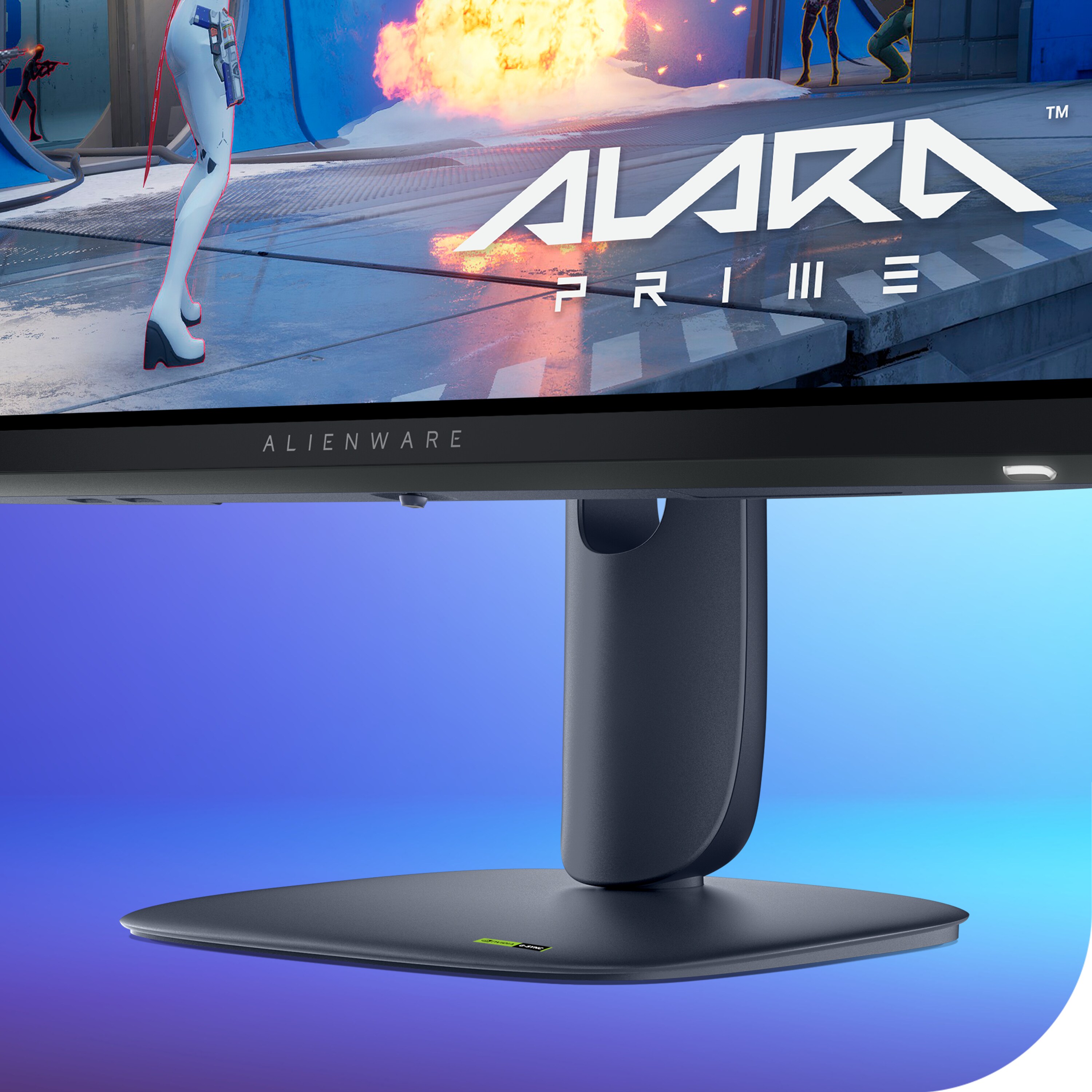 Close-up of front-facing view of the monitor with Alara Prime on screen.
