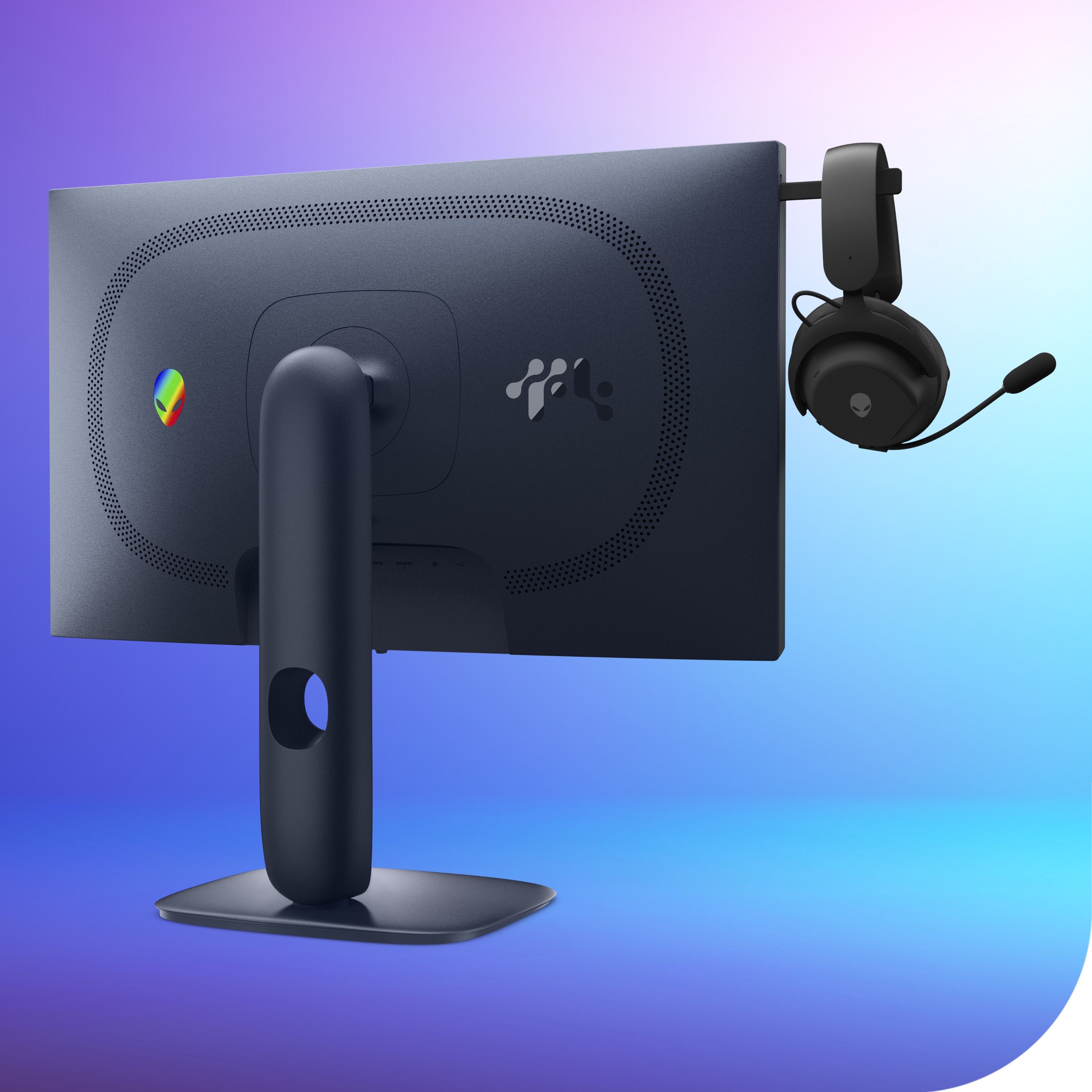 Back of the monitor, highlighting the retractable headset hanger and Alienware branding.