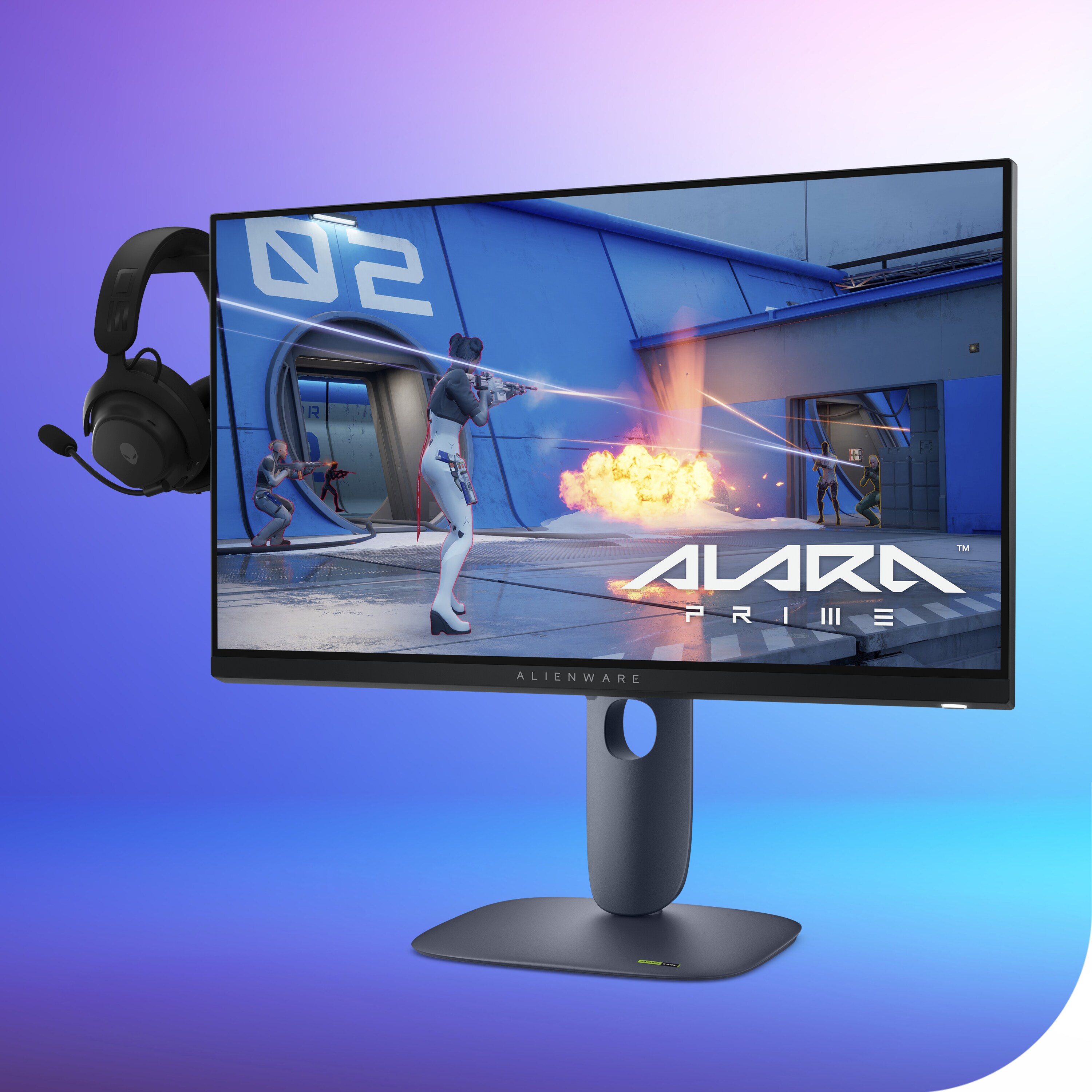 Front-facing view of the monitor with Alara Prime on screen. Headset hanging on retractable headset hanger.