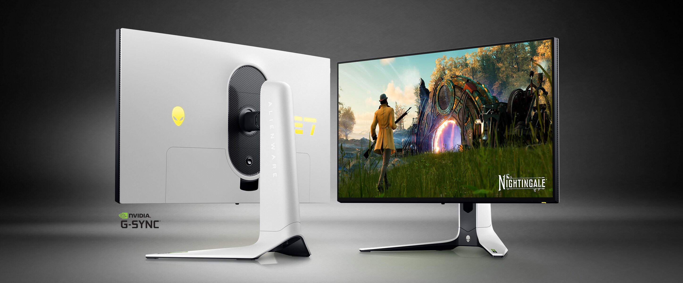 Picture of two Dell Alienware AW2723DF Gaming Monitors, one with a game image on the screen.
