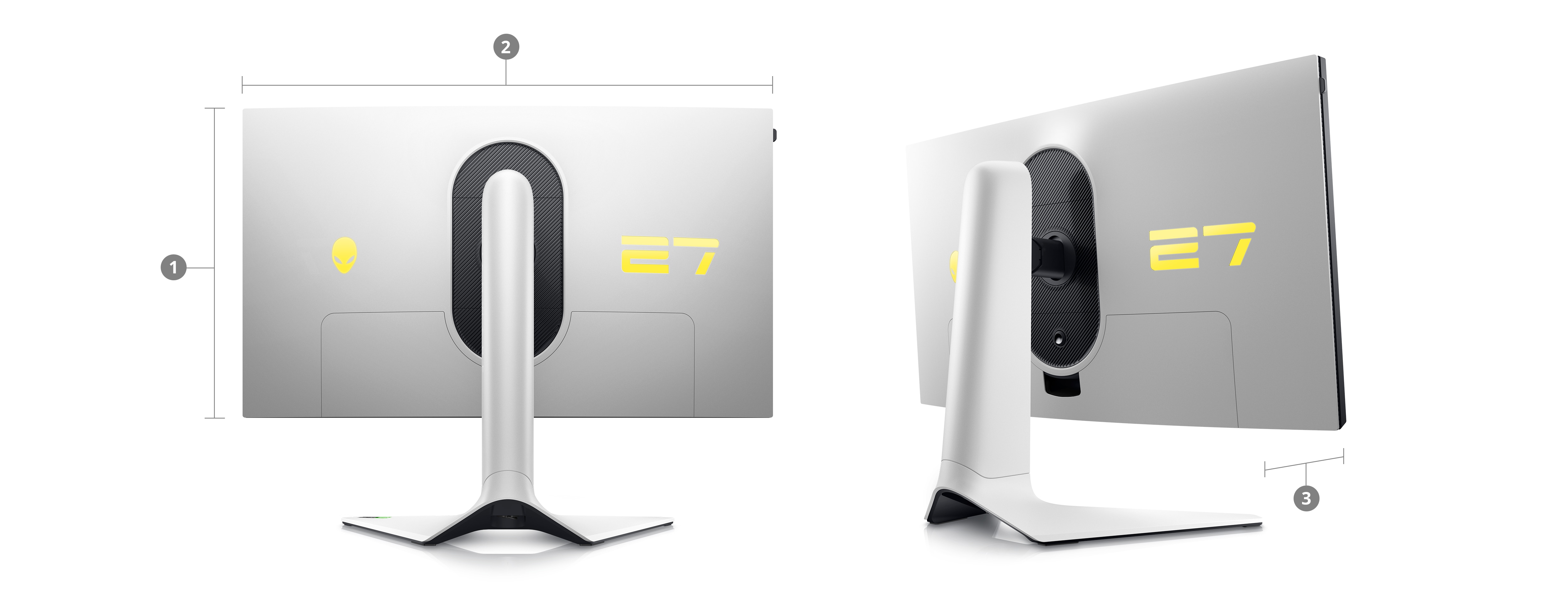 兩台 Dell AW2723DF 遊戲專用顯示器的圖片，數字 1 至 3 標示了產品尺寸與重量。