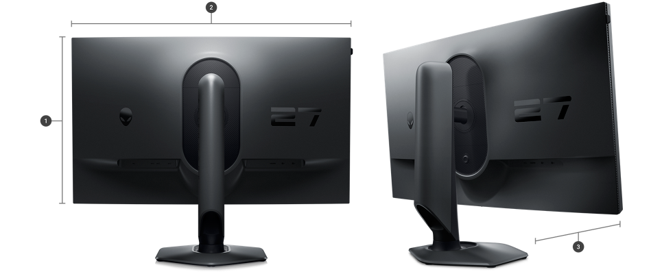 Dell Alienware AW2724HF Gaming Monitor with numbers from 1 to 3 showing the product dimensions and weight.