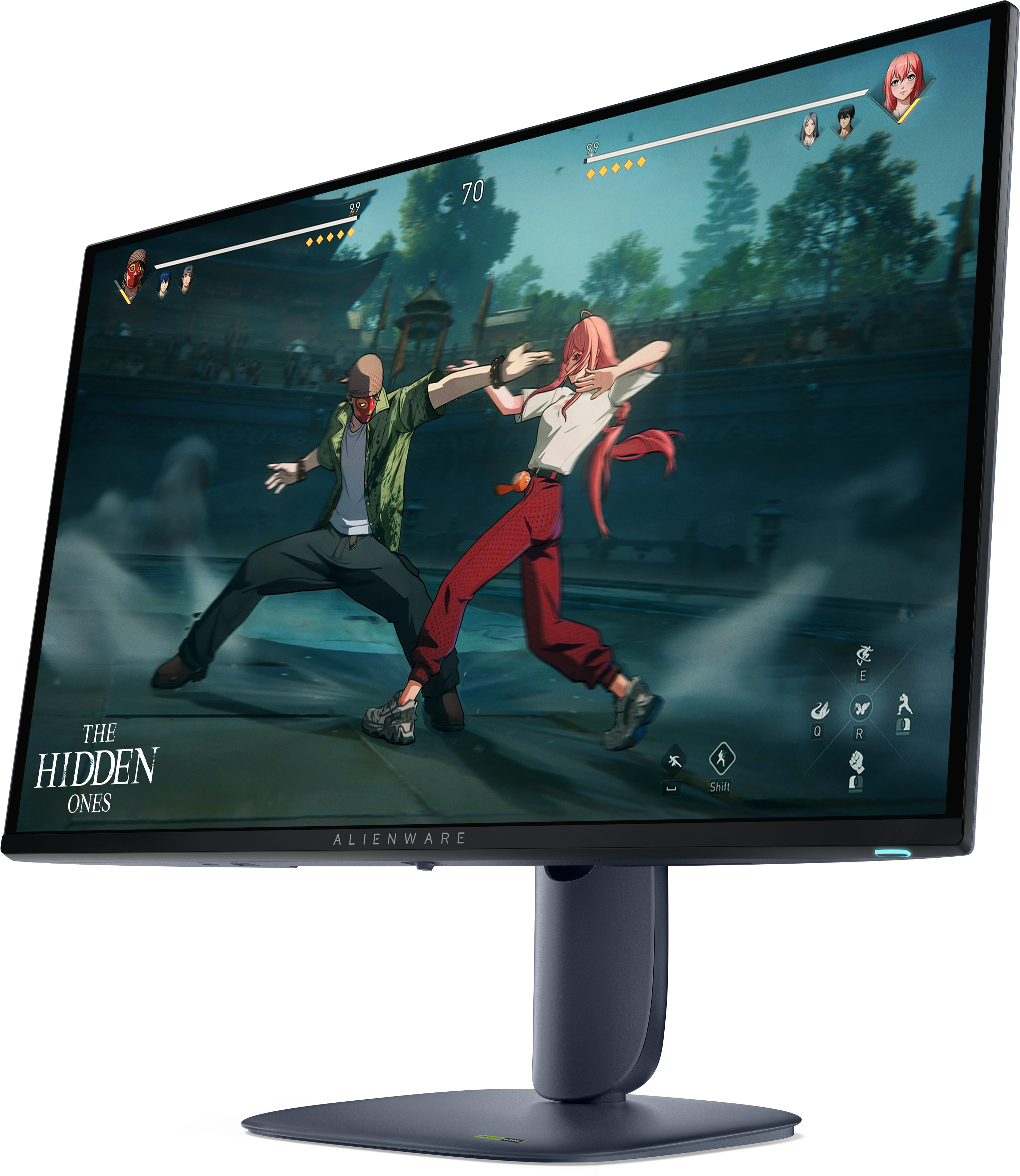 View 面朝左 Alienware 27 280 Hz QD-OLED 遊戲專用顯示器 AW2725D。螢幕顯示的是《The Hidden Ones》遊戲畫面。