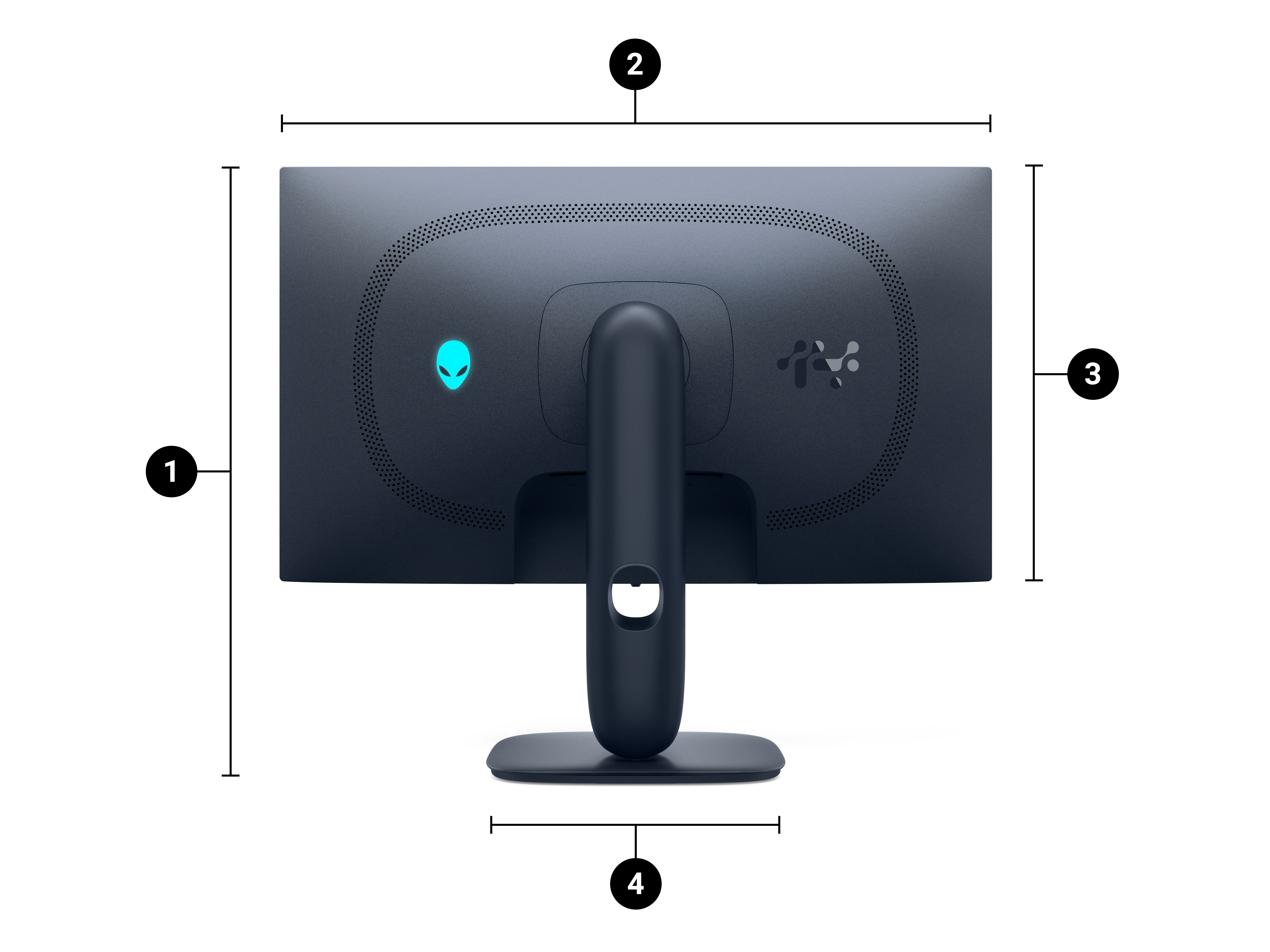 Imagen del monitor Alienware, que muestra las dimensiones de la parte posterior del monitor