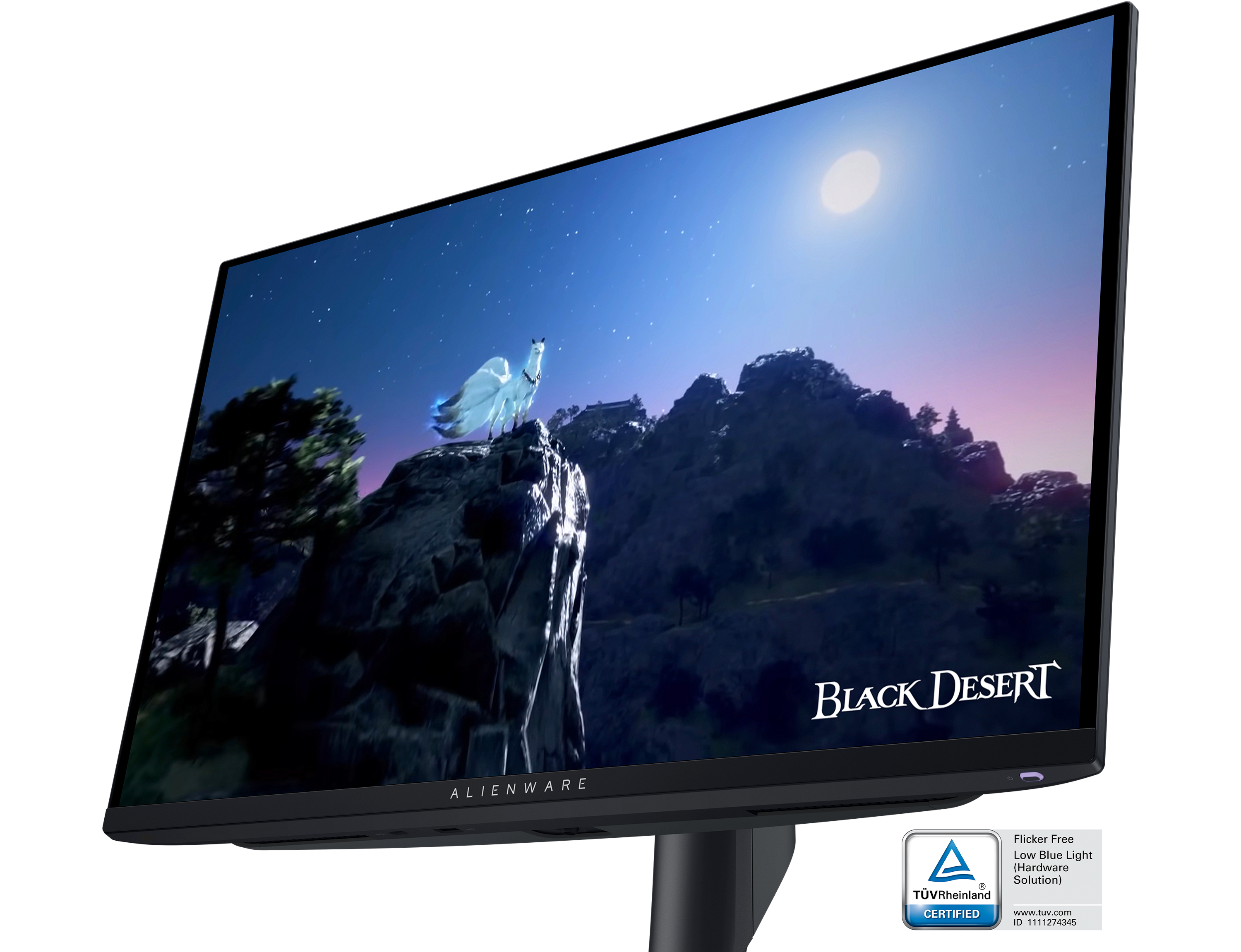 Monitor gamer Dell AW2725DF exibindo uma imagem do jogo Black Desert na tela.