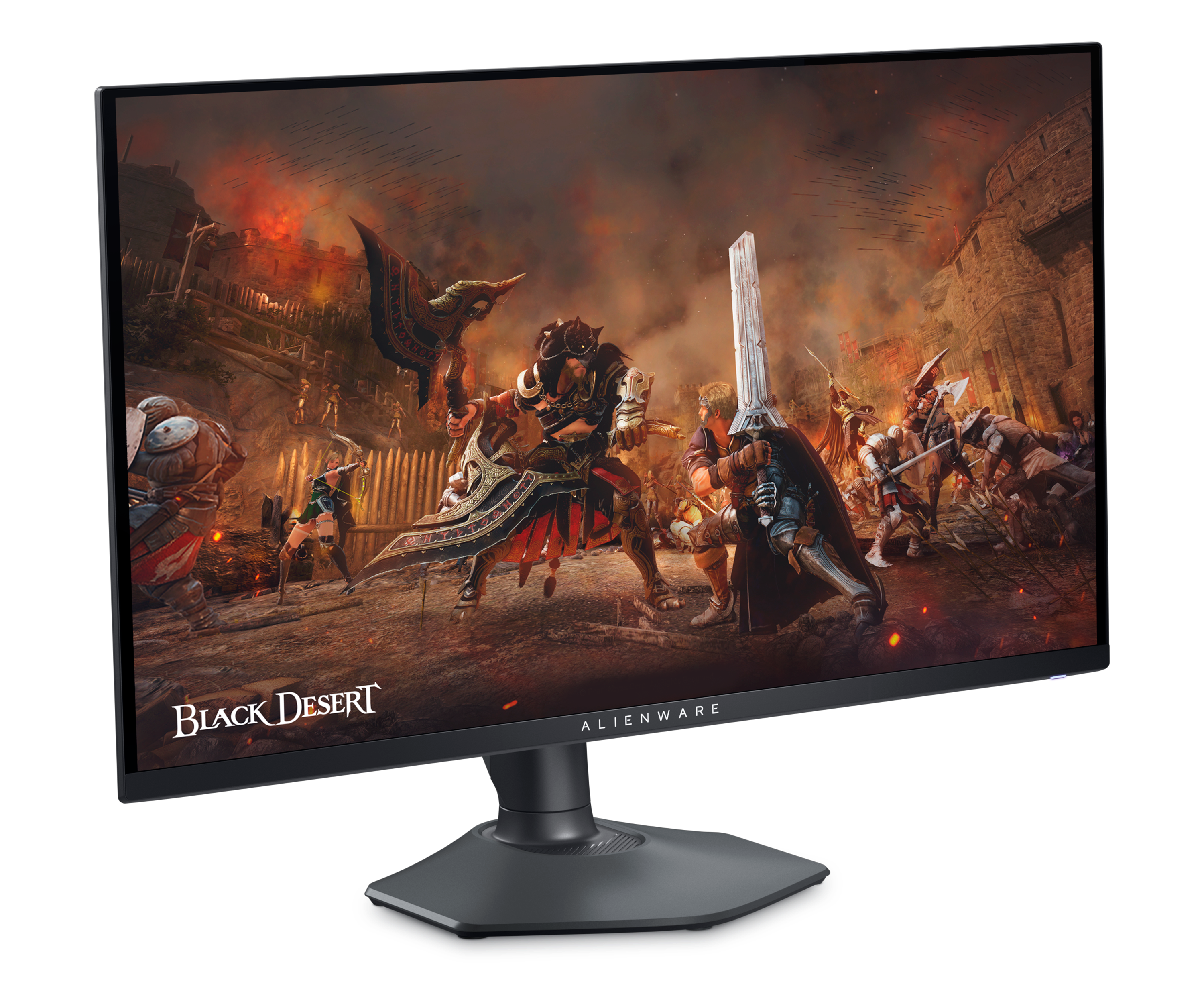 Dell AW2725DF-gamingskærm med et spilbillede fra spillet Black Desert på skærmen.