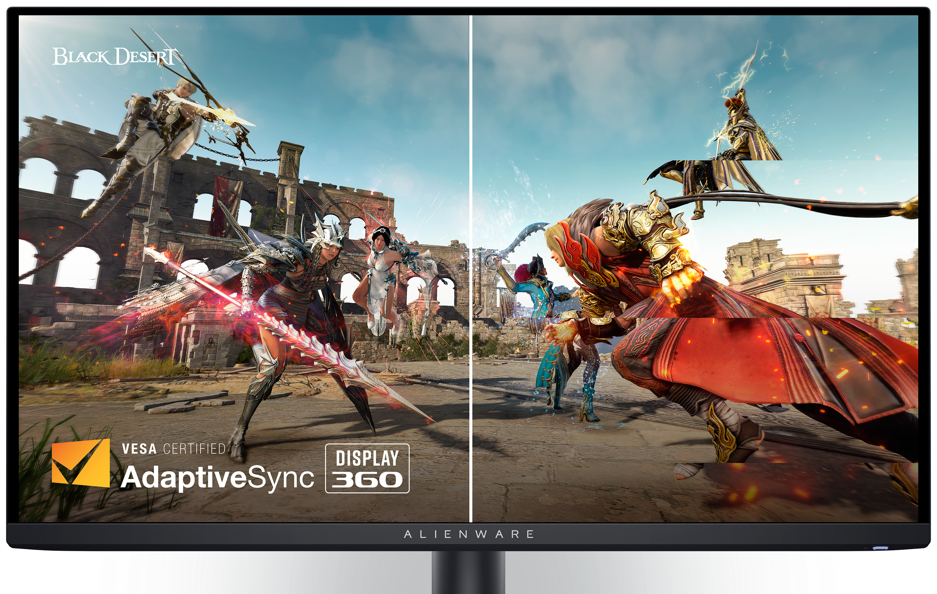 Dell AW2725DFゲーミング モニター。画面に「Black Desert」のゲーム イメージとVesa Certified AdaptiveSyncのロゴが映っています。