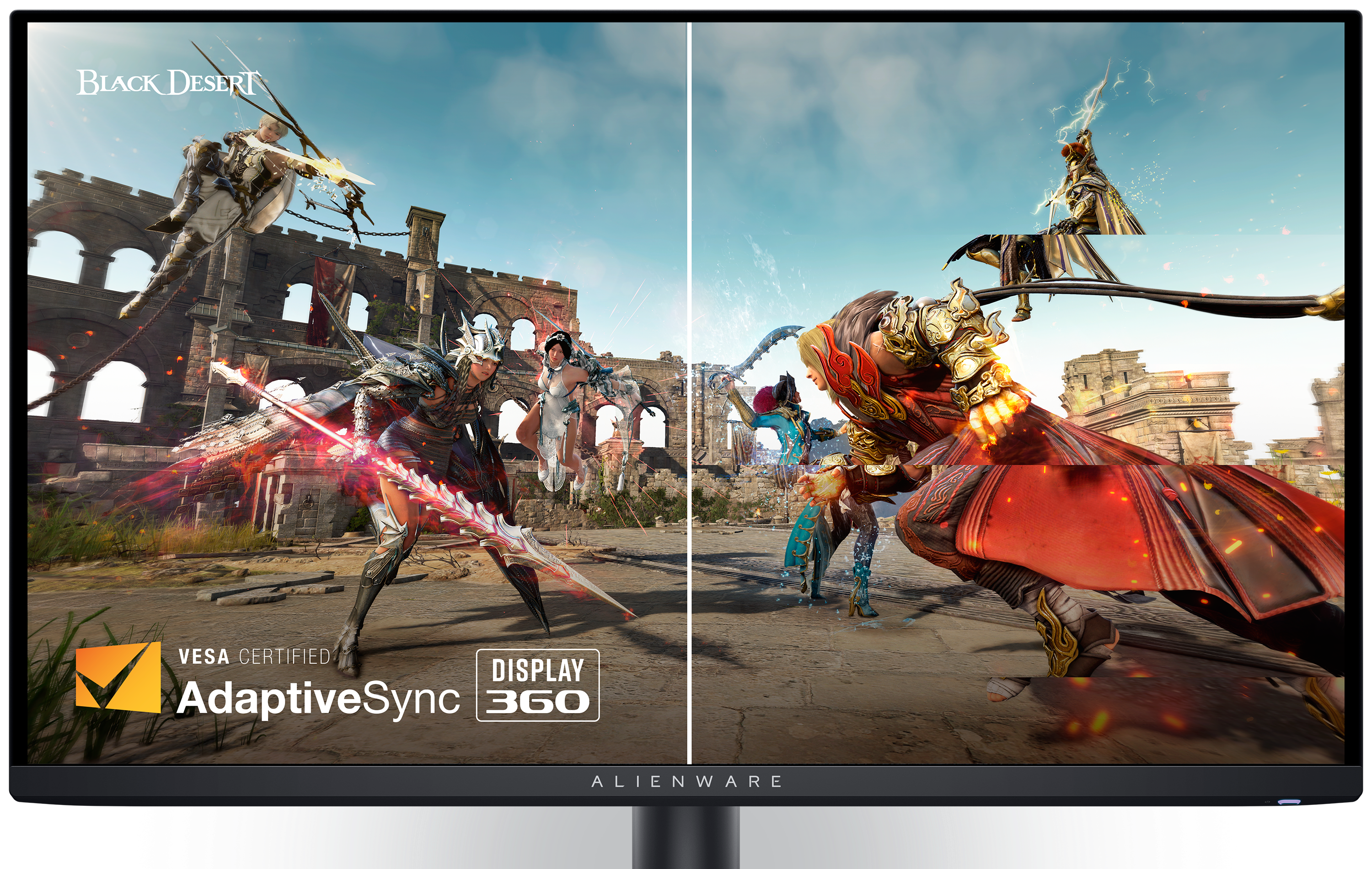 Monitor per gaming Dell AW2725DF con un'immagine del gioco Black Desert e un logo Vesa Certified AdaptiveSync sullo schermo.