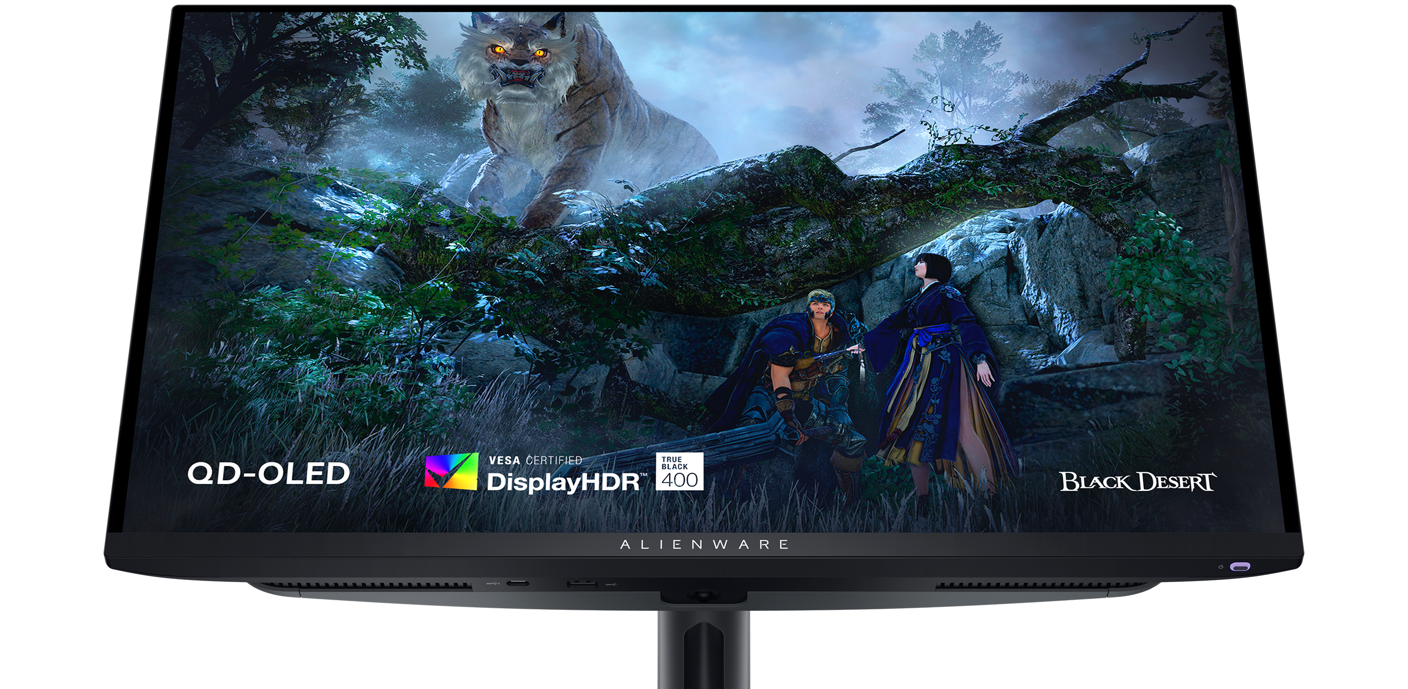 Dell AW2725DF gamingmonitor met een Black Desert-gameafbeelding op het scherm.