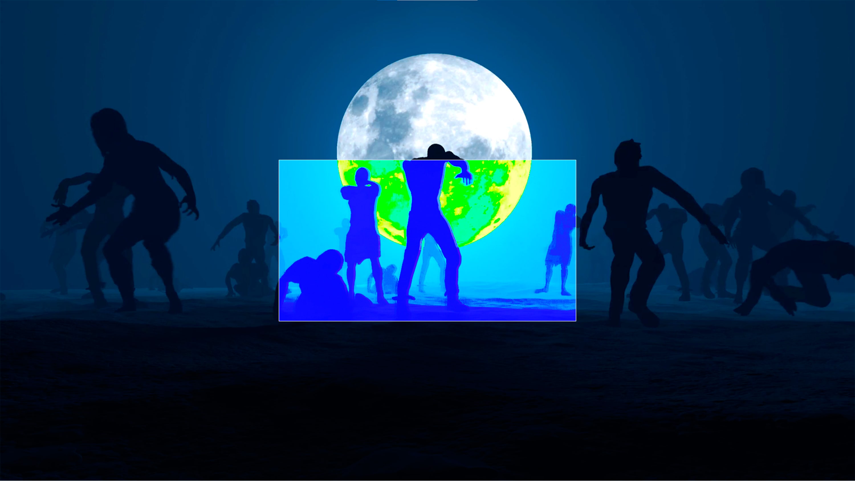 Image de jeu avec des zombies face à la pleine lune.