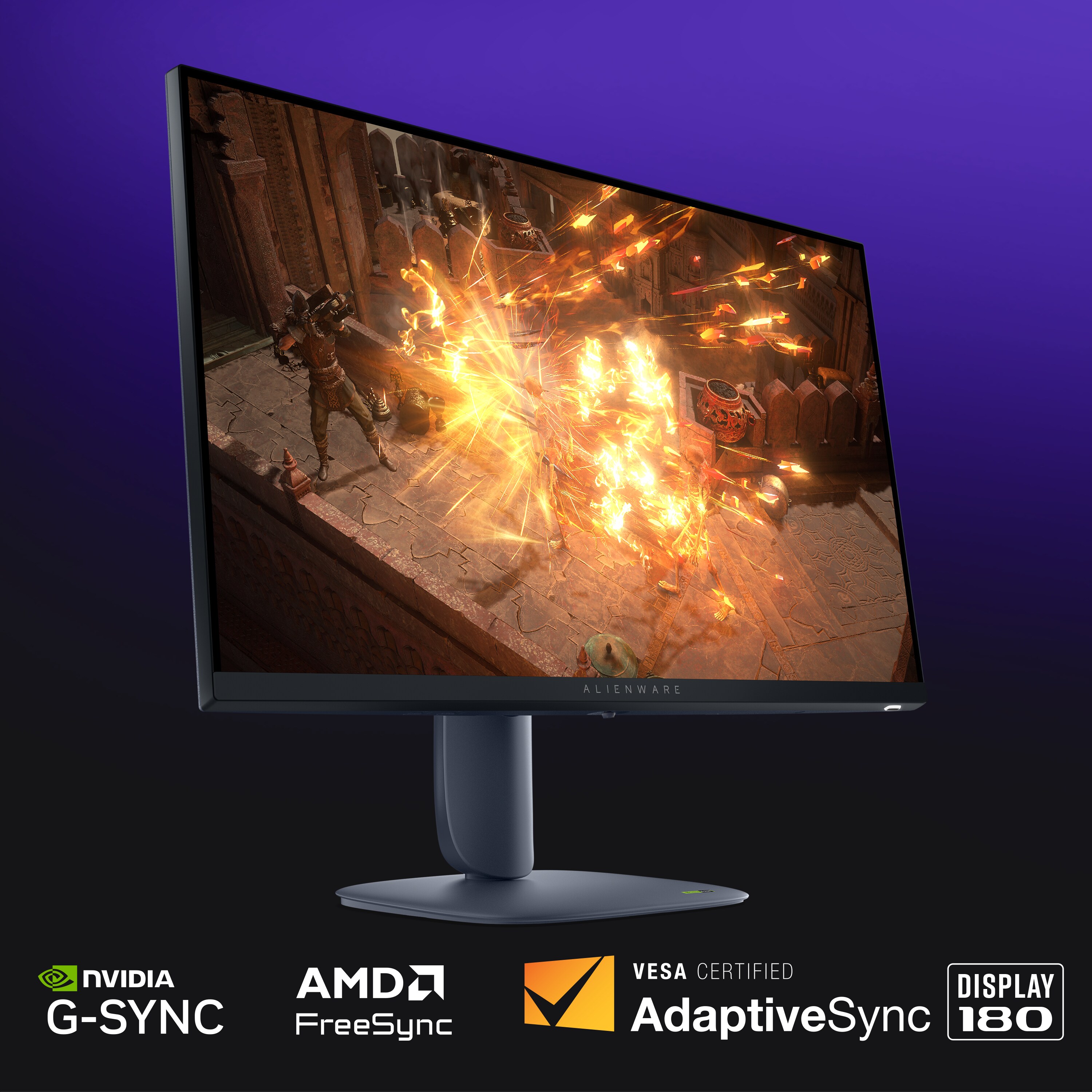 The Alienware 27 gaming monitor with Path of Exile gameplay on the screen. The NVIDIA G-Sync, AMD FreeSync, and VESA AdaptiveSync logos appear below it.