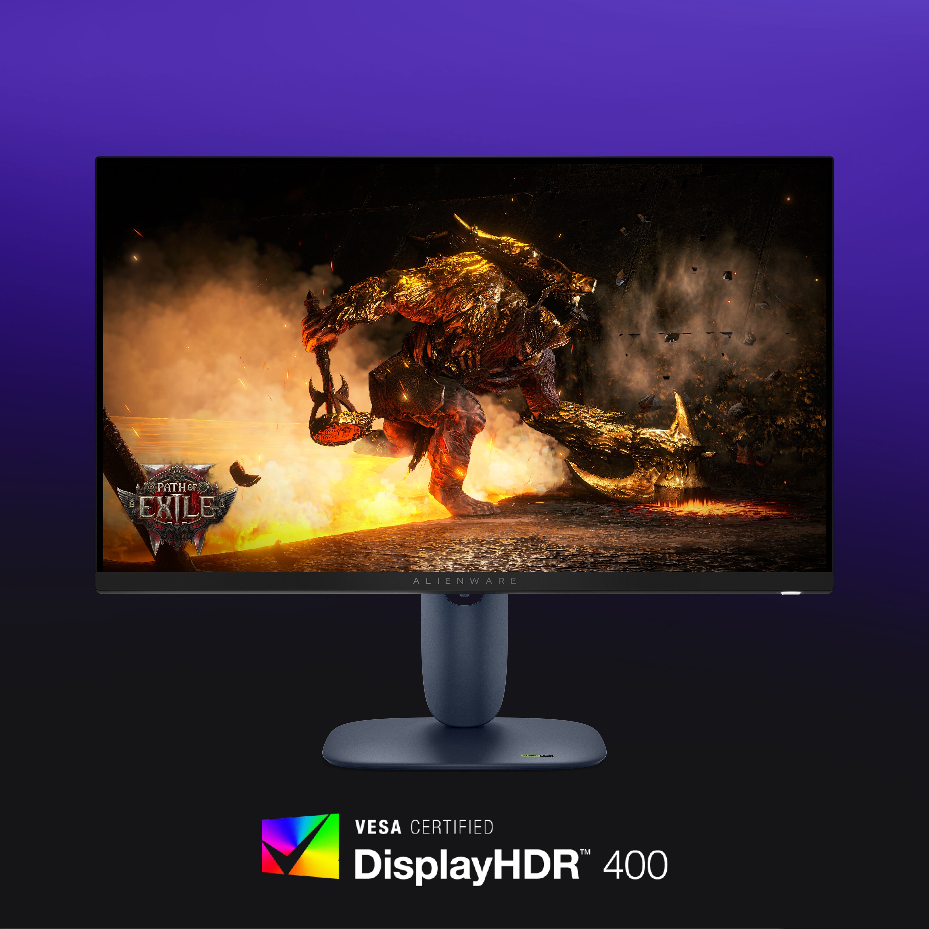 The Alienware 27 gaming monitor with Path of Exile gameplay on the screen. The VESA DisplayHDR400 logo appears below it.