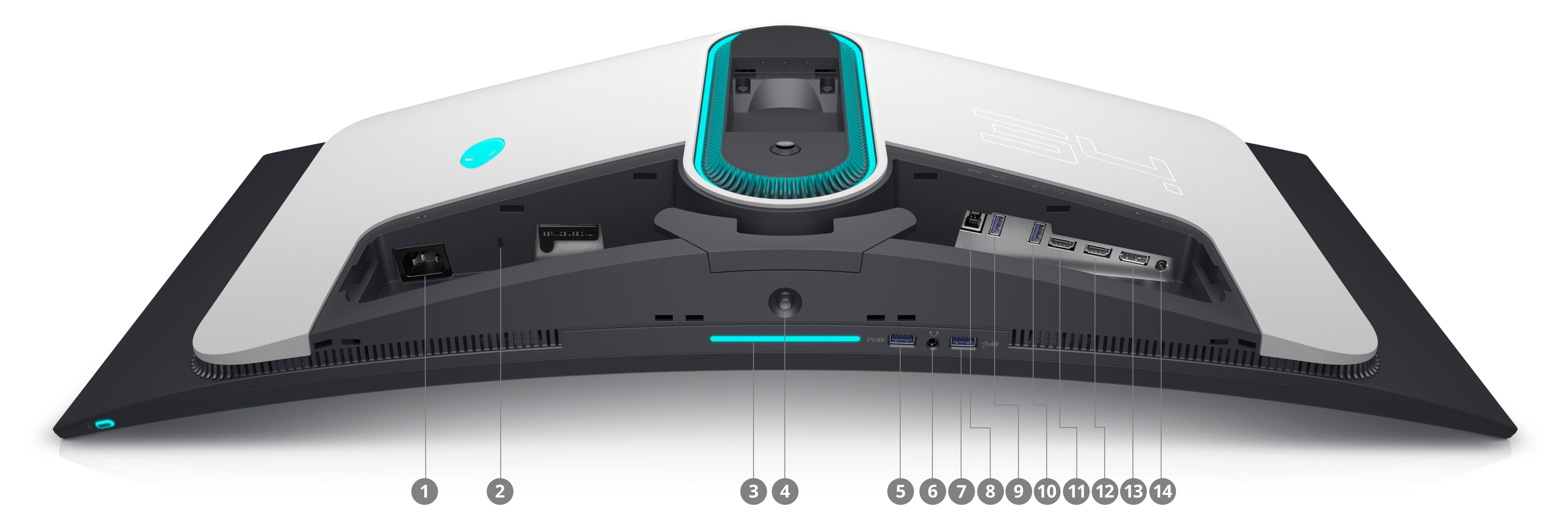 Picture of a AW3423DW Monitor with the screen down and numbers from 1 to 14 showing the ports available below the product.
