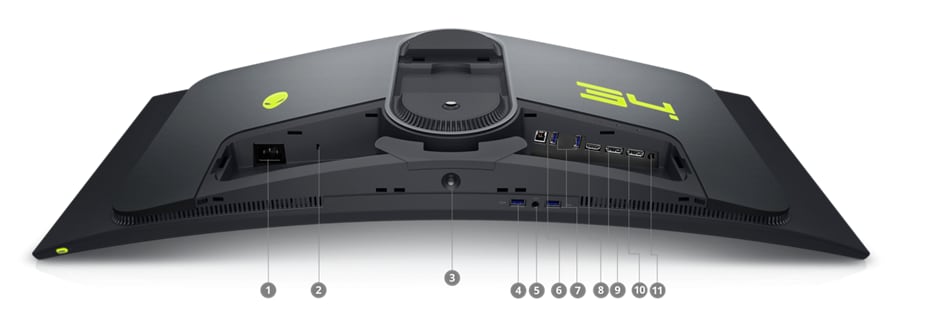 Dell Alienware AW3423DWF with the screen down and numbers from 1 to 11 signaling the ports available below the product.