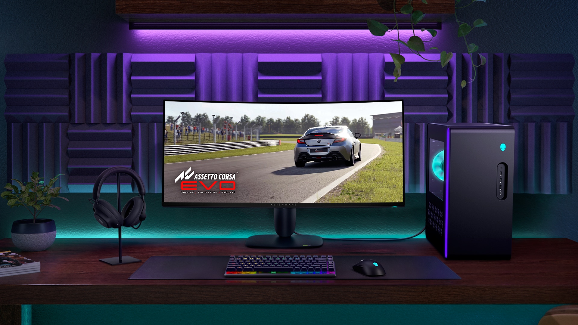 Alienware monitor image shown as ecosystem with Alienware Aurora gaming desktop, Alienware Pro Keyboard, Alienware Pro Mouse, Alienware Pro Headset