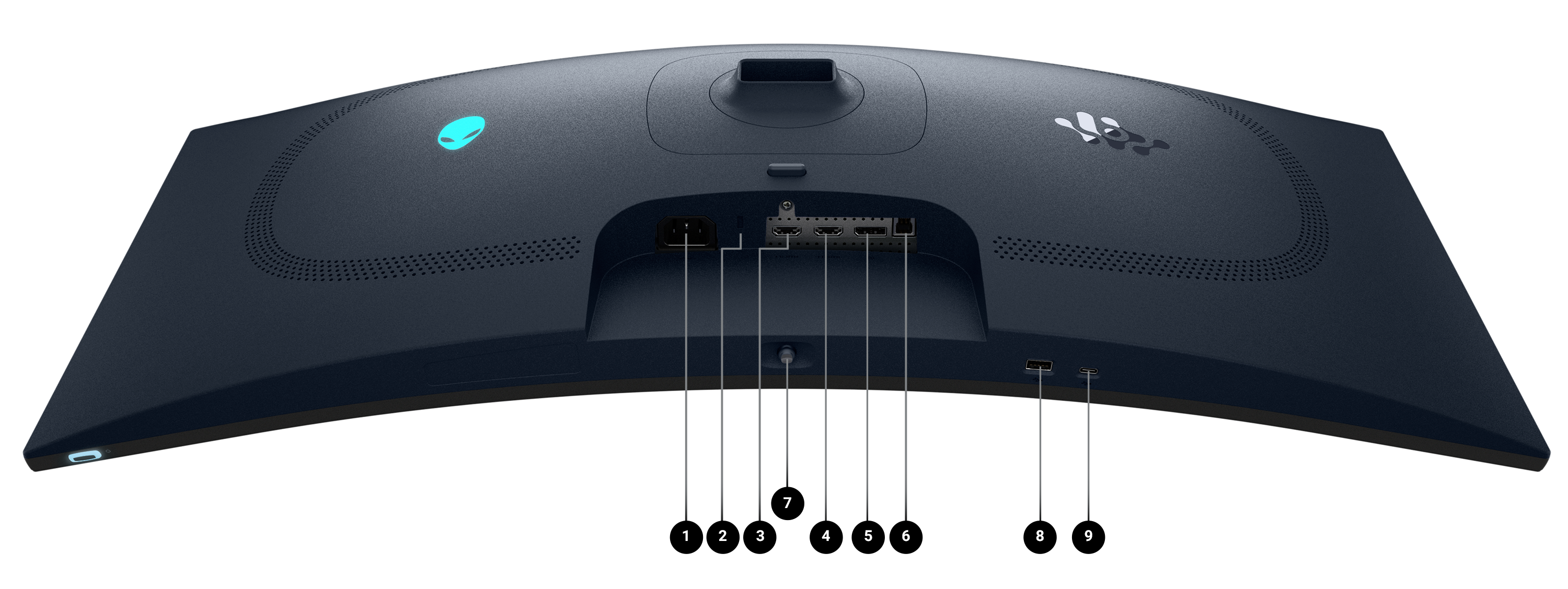 Alienware monitor image, showing the ports and slots