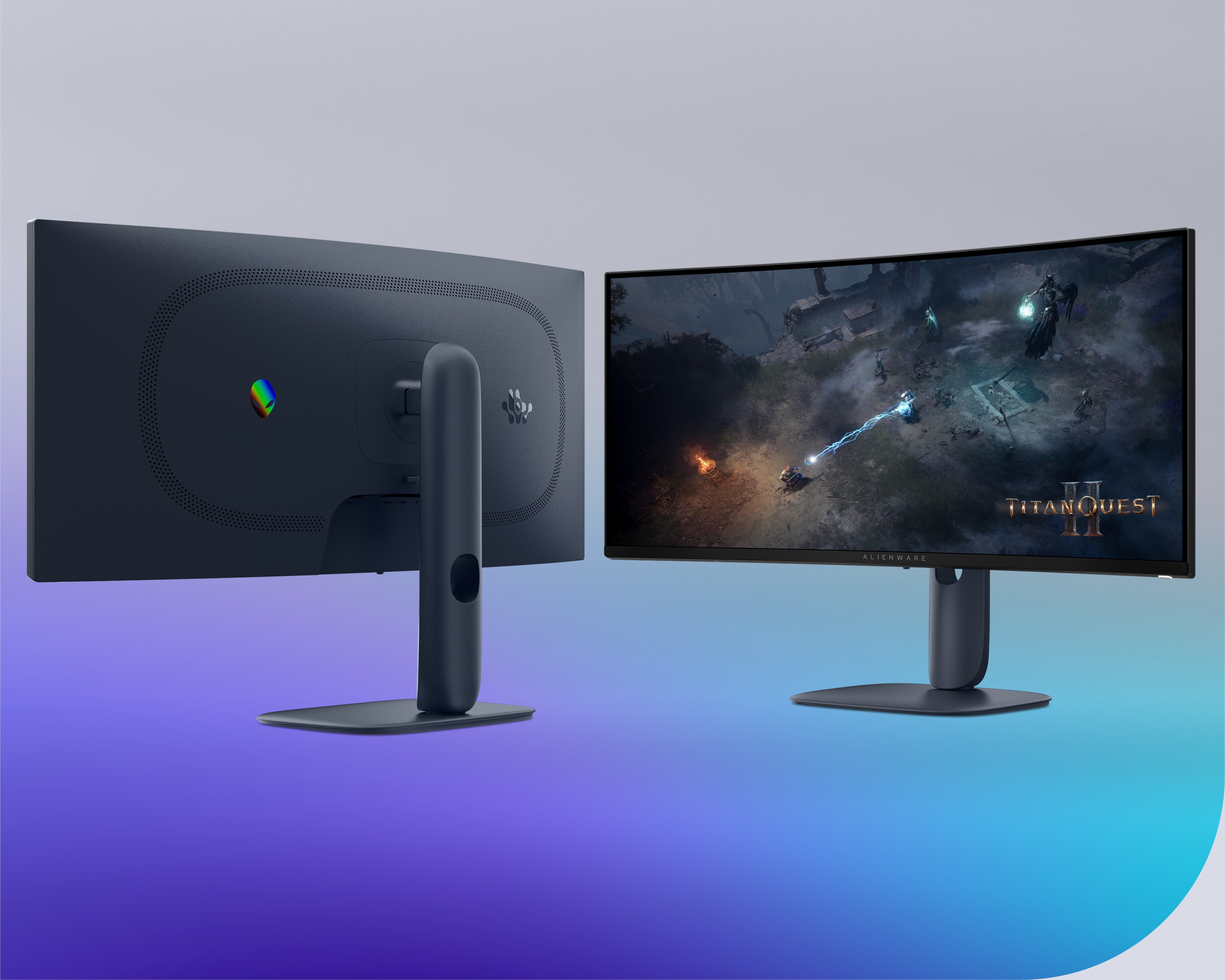 Two Alienware 34 Gaming Monitors. One facing forward and one facing away.