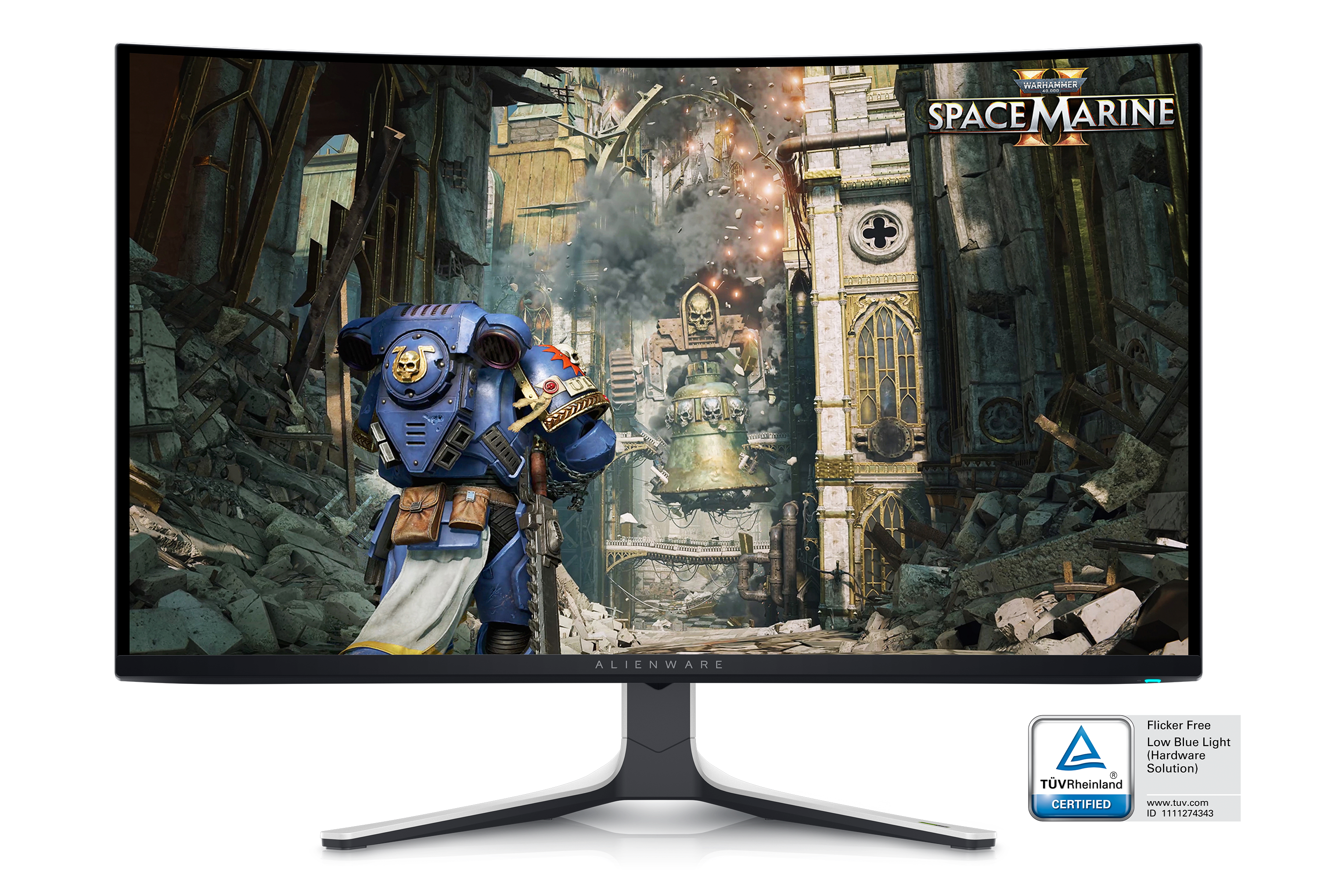 Monitor gaming Dell AW3225QF con una imagen del juego Space Marine en pantalla.
