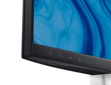 Imagen de los ajustes de volumen del monitor para videoconferencias Dell C2423H disponibles en el borde inferior del producto.